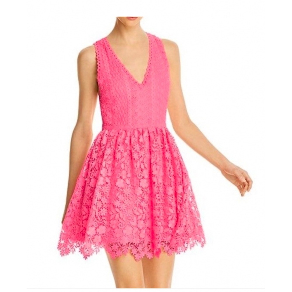 Alice + Olivia Hot Pink Lace Iris Dress V-Neck Mini Size 4 NEW Barbie Romantic